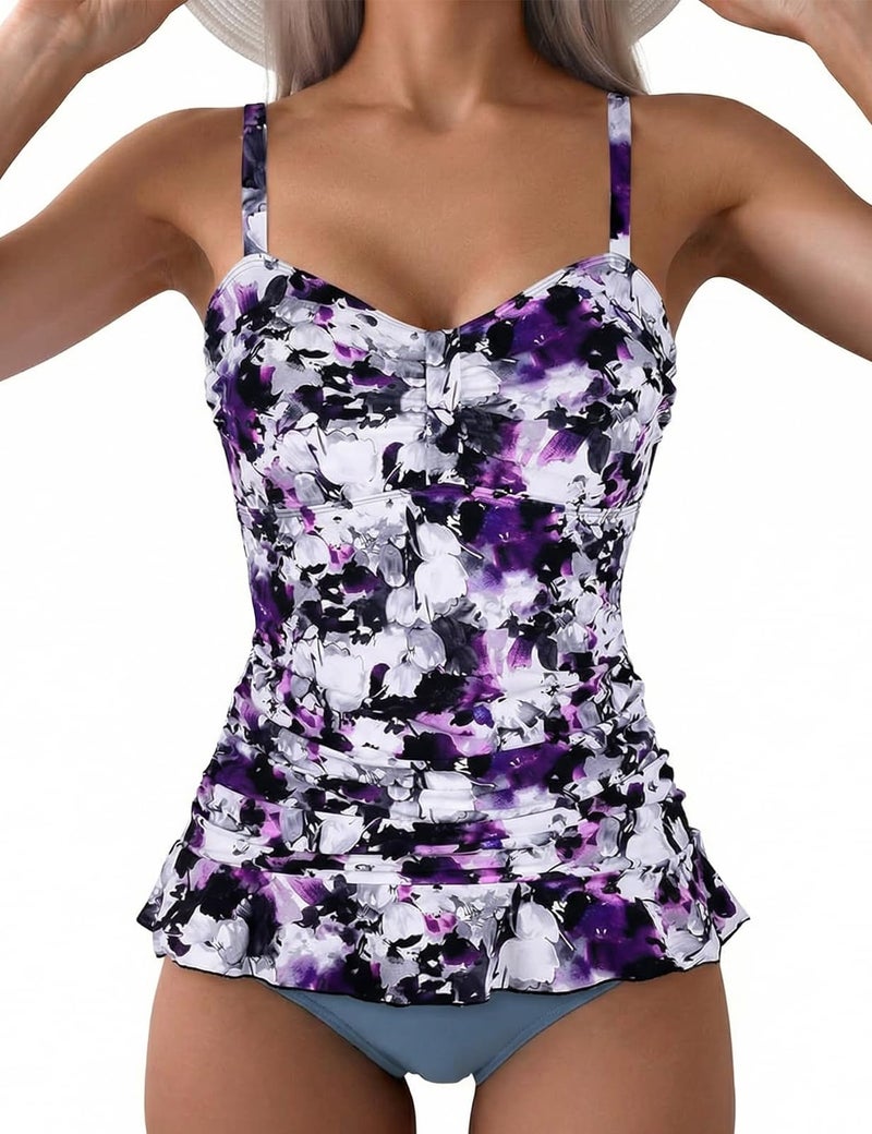 Hilor Women's 50's Retro Ruched Tankini Swimsuit Top with Ruffle Hem Purple Floral 16 - Image 2